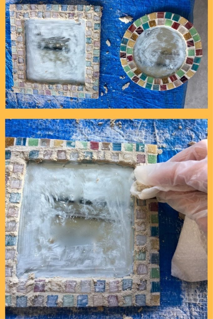 Photo of adding grout to the mirror and another photo of cleaning the tiles with a towel and water afterwards.